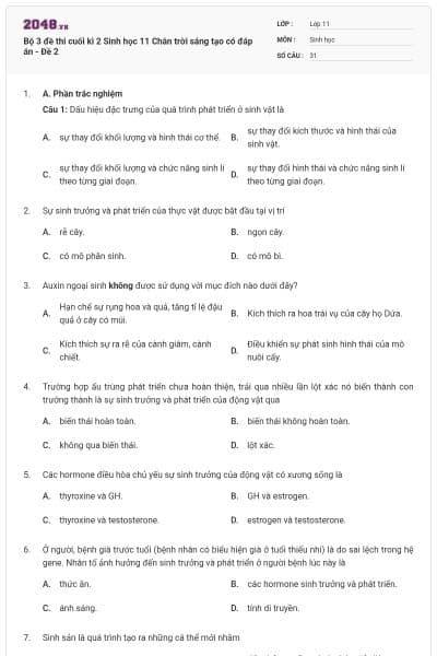 Bộ 3 đề thi cuối kì 2 Sinh học 11 Chân trời sáng tạo có đáp án - Đề 2