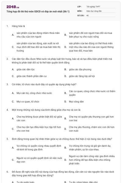 Tổng hợp đề thi thử môn GDCD có đáp án mới nhất (Đề 1)