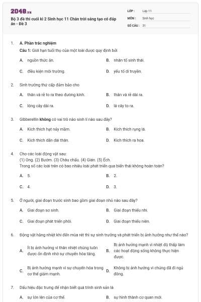 Bộ 3 đề thi cuối kì 2 Sinh học 11 Chân trời sáng tạo có đáp án - Đề 3