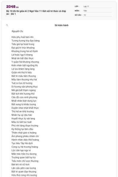 Bộ 10 đề thi giữa kì 2 Ngữ Văn 11 Kết nối tri thức có đáp án - Đề 1