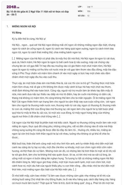 Bộ 10 đề thi giữa kì 2 Ngữ Văn 11 Kết nối tri thức có đáp án - Đề 5