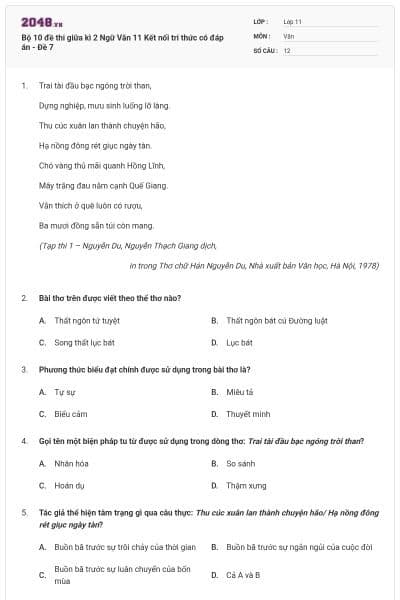 Bộ 10 đề thi giữa kì 2 Ngữ Văn 11 Kết nối tri thức có đáp án - Đề 7