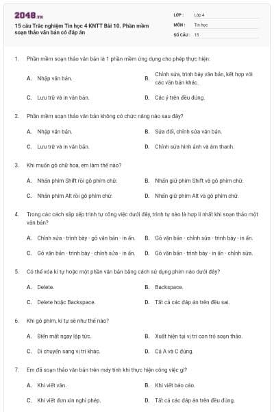 15 câu Trắc nghiệm Tin học 4 KNTT Bài 10. Phần mềm soạn thảo văn bản có đáp án