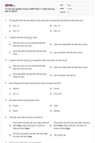 15 câu Trắc nghiệm Tin học 4 KNTT Bài 11. Chỉnh sửa văn bản có đáp án