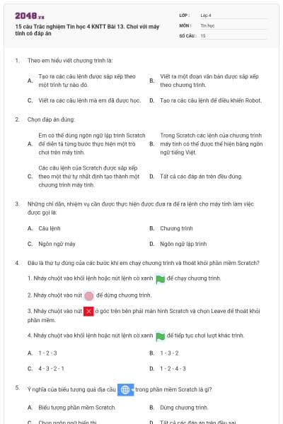 15 câu Trắc nghiệm Tin học 4 KNTT Bài 13. Chơi với máy tính có đáp án