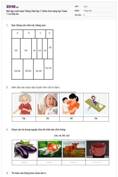 Bài tập cuối tuần Tiếng Việt lớp 1 Chân trời sáng tạo Tuần 1 có đáp án