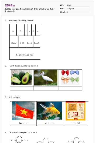 Bài tập cuối tuần Tiếng Việt lớp 1 Chân trời sáng tạo Tuần 2 có đáp án