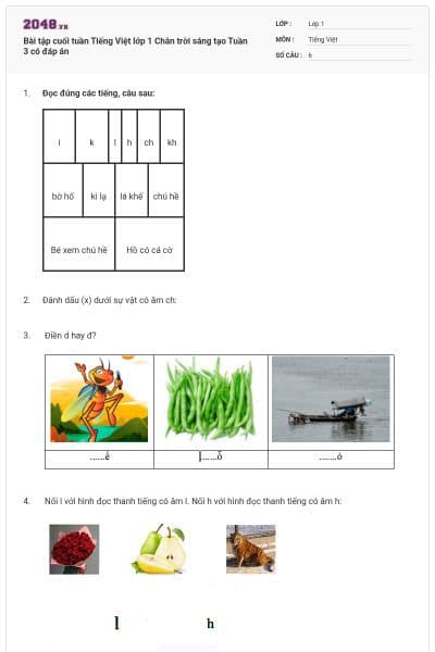 Bài tập cuối tuần Tiếng Việt lớp 1 Chân trời sáng tạo Tuần 3 có đáp án