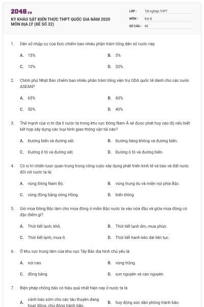 KỲ KHẢO SÁT KIẾN THỨC THPT QUỐC GIA NĂM 2020 MÔN ĐỊA LÝ (ĐỀ SỐ 32)