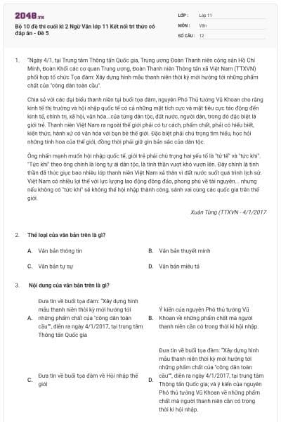 Bộ 10 đề thi cuối kì 2 Ngữ Văn lớp 11 Kết nối tri thức có đáp án - Đề 5