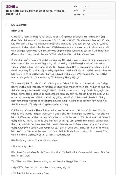 Bộ 10 đề thi cuối kì 2 Ngữ Văn lớp 11 Kết nối tri thức có đáp án - Đề 8