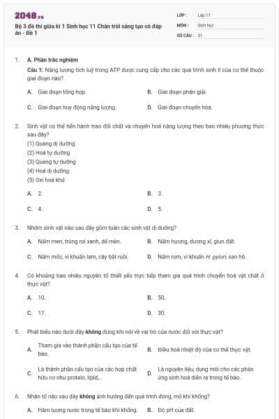 Bộ 3 đề thi giữa kì 1 Sinh học 11 Chân trời sáng tạo có đáp án - Đề 1