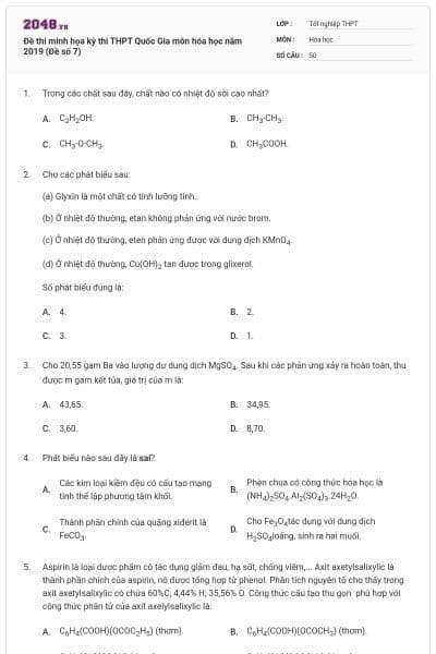 Đề thi minh họa kỳ thi THPT Quốc Gia môn hóa học năm 2019 (Đề số 7)