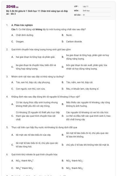 Bộ 3 đề thi giữa kì 1 Sinh học 11 Chân trời sáng tạo có đáp án - Đề 3