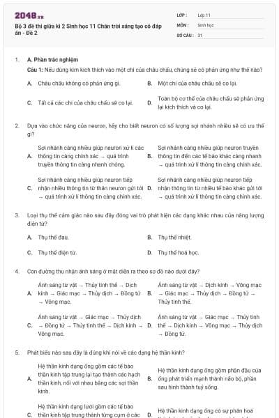 Bộ 3 đề thi giữa kì 2 Sinh học 11 Chân trời sáng tạo có đáp án - Đề 2