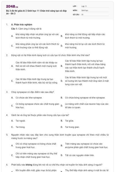 Bộ 3 đề thi giữa kì 2 Sinh học 11 Chân trời sáng tạo có đáp án - Đề 3