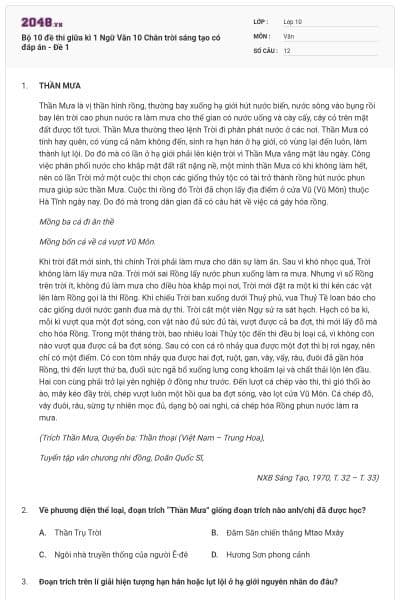 Bộ 10 đề thi giữa kì 1 Ngữ Văn 10 Chân trời sáng tạo có đáp án -  Đề 1