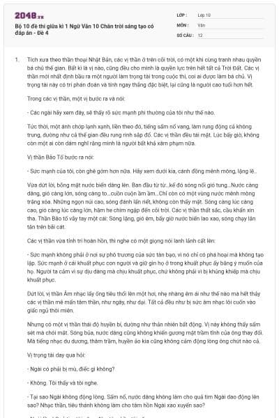 Bộ 10 đề thi giữa kì 1 Ngữ Văn 10 Chân trời sáng tạo có đáp án -  Đề 4