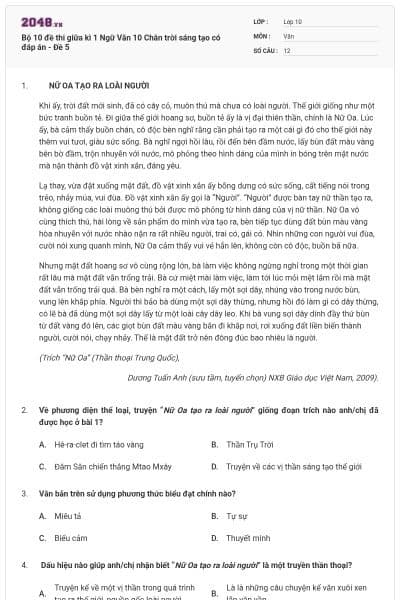 Bộ 10 đề thi giữa kì 1 Ngữ Văn 10 Chân trời sáng tạo có đáp án -  Đề 5