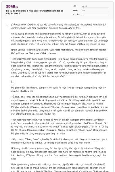 Bộ 10 đề thi giữa kì 1 Ngữ Văn 10 Chân trời sáng tạo có đáp án -  Đề 6