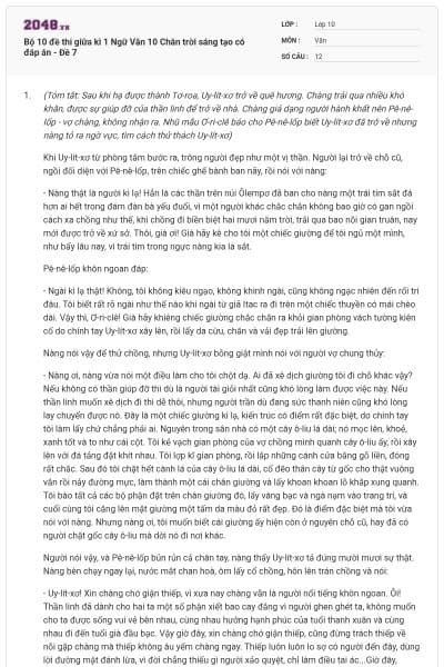 Bộ 10 đề thi giữa kì 1 Ngữ Văn 10 Chân trời sáng tạo có đáp án - Đề 7