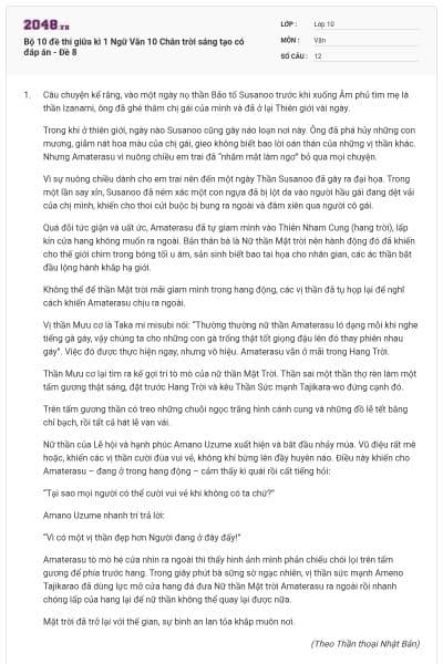 Bộ 10 đề thi giữa kì 1 Ngữ Văn 10 Chân trời sáng tạo có đáp án - Đề 8