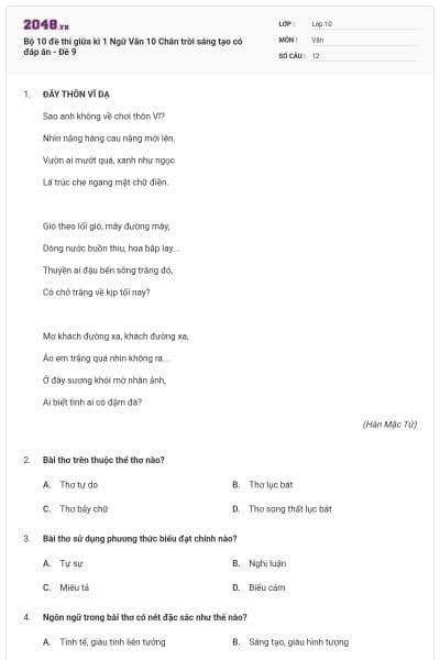 Bộ 10 đề thi giữa kì 1 Ngữ Văn 10 Chân trời sáng tạo có đáp án - Đề 9