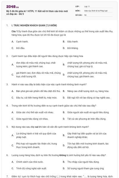 Bộ 5 đề thi giữa kì 1 KTPL 11 Kết nối tri thức cấu trúc mới có đáp án - Đề 5