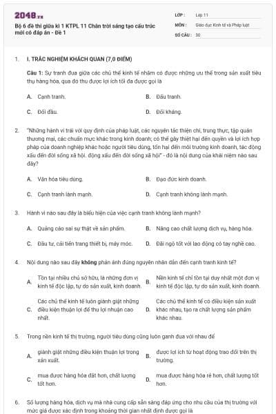 Bộ 6 đề thi giữa kì 1 KTPL 11 Chân trời sáng tạo cấu trúc mới có đáp án - Đề 1
