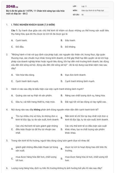 Bộ 6 đề thi giữa kì 1 KTPL 11 Chân trời sáng tạo cấu trúc mới có đáp án - Đề 2