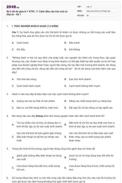 Bộ 6 đề thi giữa kì 1 KTPL 11 Cánh diều cấu trúc mới có đáp án - Đề 1