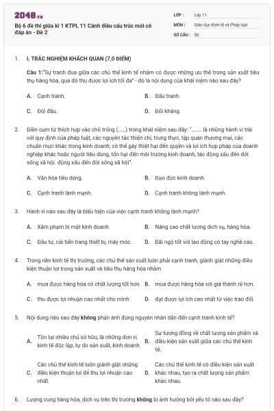 Bộ 6 đề thi giữa kì 1 KTPL 11 Cánh diều cấu trúc mới có đáp án - Đề 2