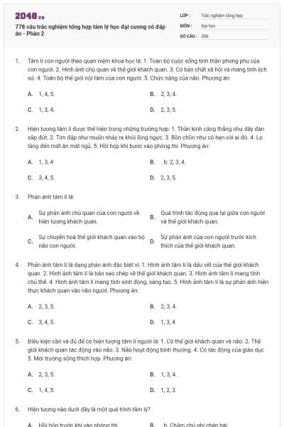 778 câu trắc nghiệm tổng hợp tâm lý học đại cương có đáp án - Phần 2