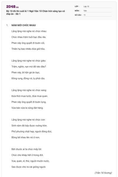 Bộ 10 đề thi cuối kì 1 Ngữ Văn 10 Chân trời sáng tạo có đáp án - Đề 1