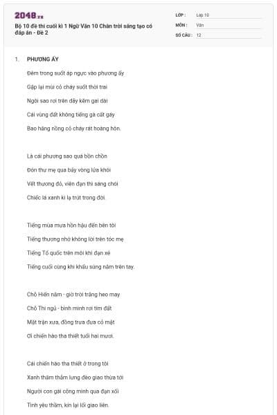 Bộ 10 đề thi cuối kì 1 Ngữ Văn 10 Chân trời sáng tạo có đáp án - Đề 2