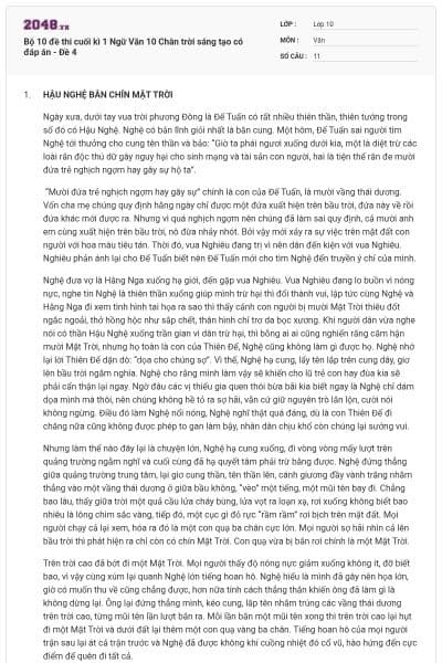 Bộ 10 đề thi cuối kì 1 Ngữ Văn 10 Chân trời sáng tạo có đáp án - Đề 4