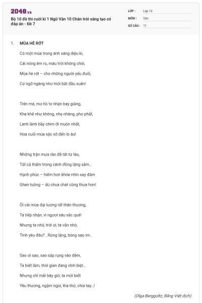 Bộ 10 đề thi cuối kì 1 Ngữ Văn 10 Chân trời sáng tạo có đáp án - Đề 7