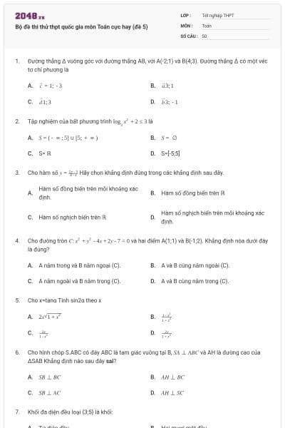 Bộ đề thi thử thpt quốc gia môn Toán cực hay (đề 5)