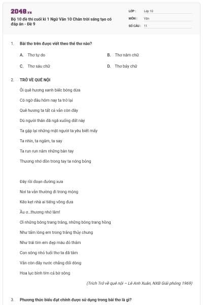 Bộ 10 đề thi cuối kì 1 Ngữ Văn 10 Chân trời sáng tạo có đáp án - Đề 9