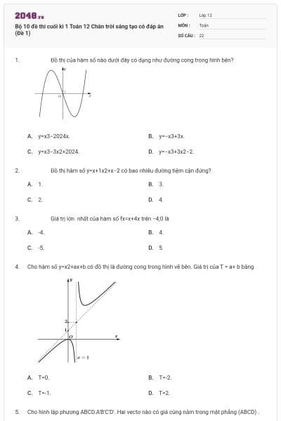 Bộ 10 đề thi cuối kì 1 Toán 12 Chân trời sáng tạo có đáp án (Đề 1)
