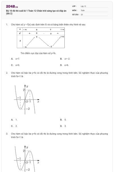 Bộ 10 đề thi cuối kì 1 Toán 12 Chân trời sáng tạo có đáp án (Đề 2)