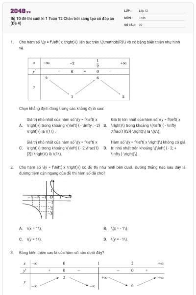 Bộ 10 đề thi cuối kì 1 Toán 12 Chân trời sáng tạo có đáp án (Đề 4)