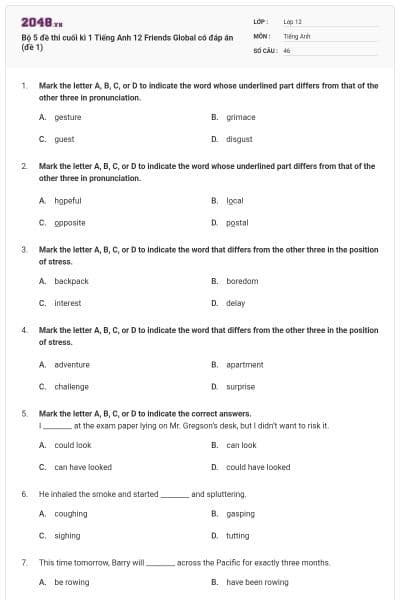 Bộ 5 đề thi cuối kì 1 Tiếng Anh 12 Friends Global có đáp án (đề 1)