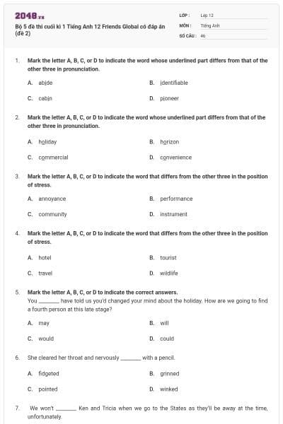 Bộ 5 đề thi cuối kì 1 Tiếng Anh 12 Friends Global có đáp án (đề 2)