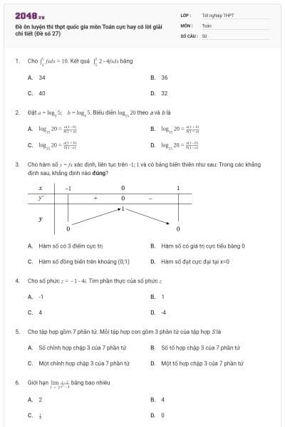 Đề ôn luyện thi thpt quốc gia môn Toán cực hay có lời giải chi tiết (Đề số 27)