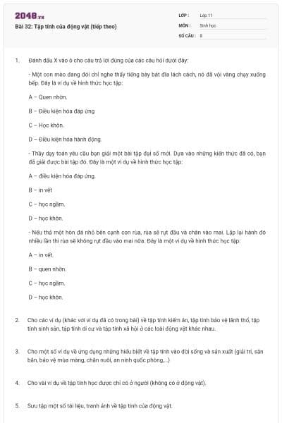 Bài 32: Tập tính của động vật (tiếp theo)