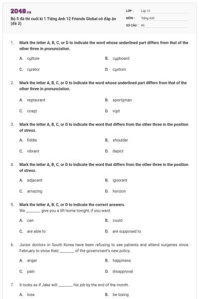 Bộ 5 đề thi cuối kì 1 Tiếng Anh 12 Friends Global có đáp án (đề 3)