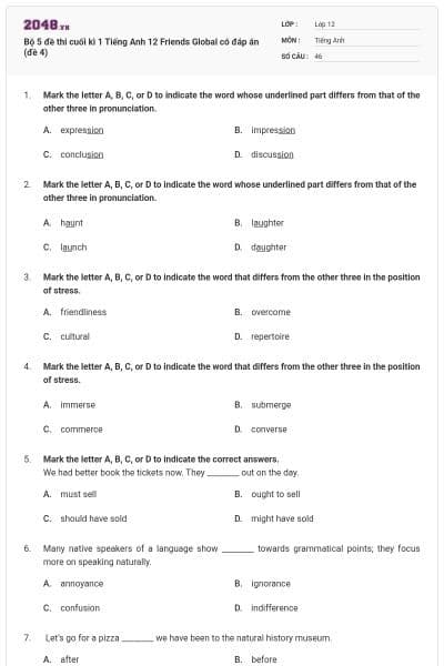 Bộ 5 đề thi cuối kì 1 Tiếng Anh 12 Friends Global có đáp án (đề 4)