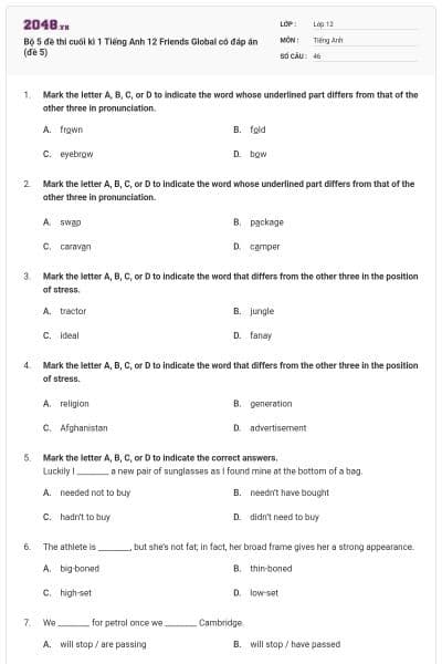Bộ 5 đề thi cuối kì 1 Tiếng Anh 12 Friends Global có đáp án (đề 5)