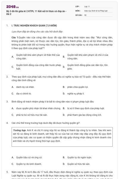 Bộ 3 đề thi giữa kì 2 KTPL 11 Kết nối tri thức có đáp án - Đề 2